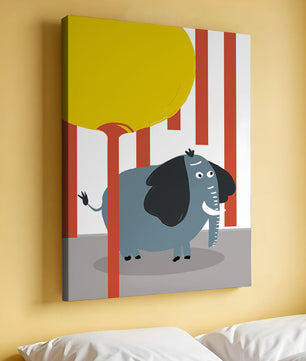 Illustration eines verspielten Elefanten mit einem gelben Ballon in abstrakter Umgebung
