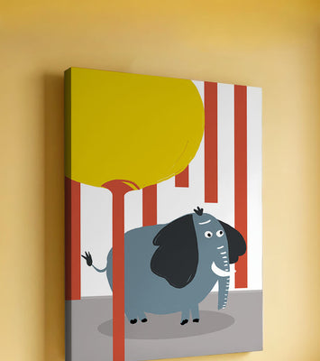 Illustration of a playful elephant with a yellow balloon in abstract setting