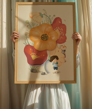 Charming Illustration of Children among Large Flowers with Playful Puppy