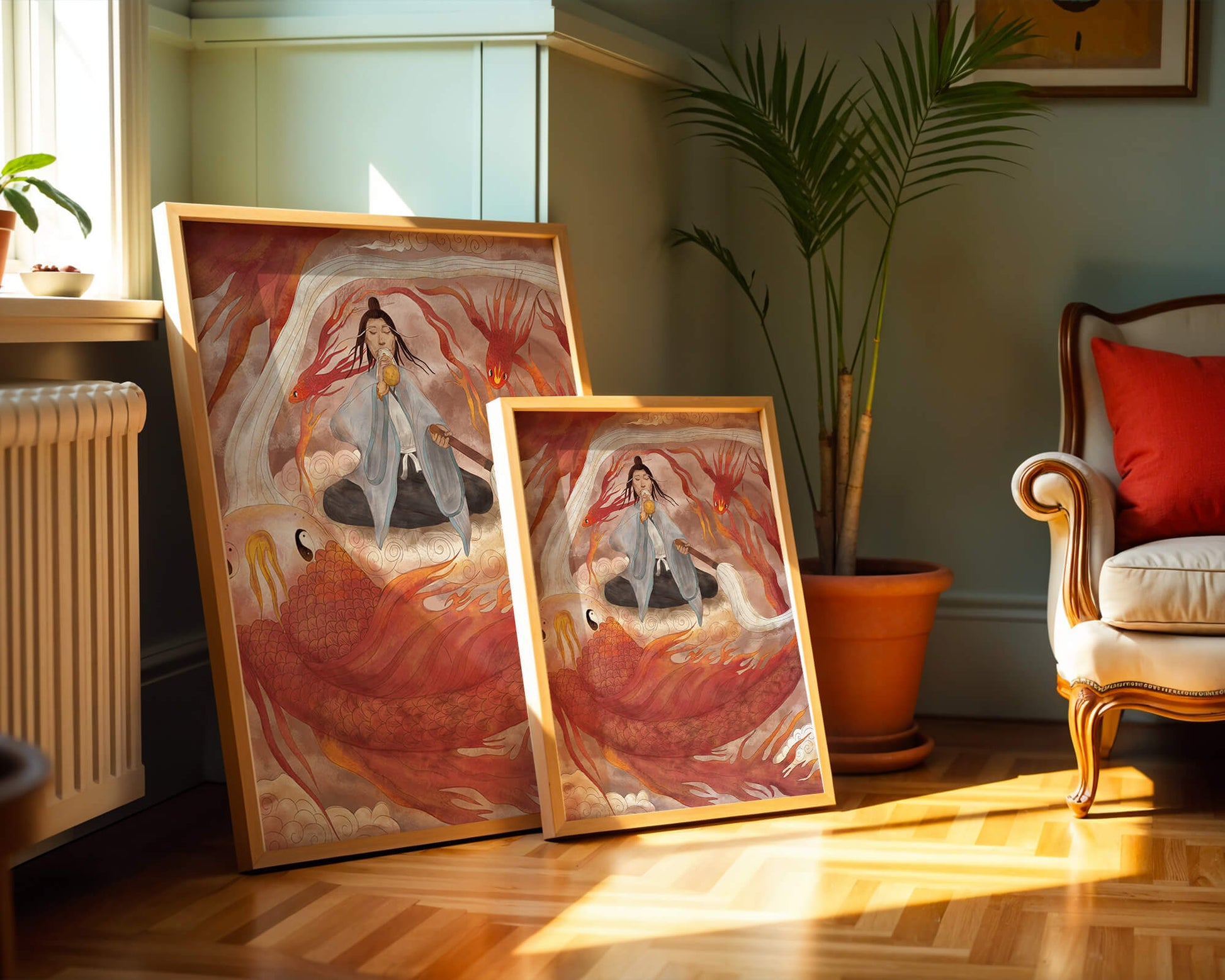 Serene meditation with mystical elements and mythical creatures