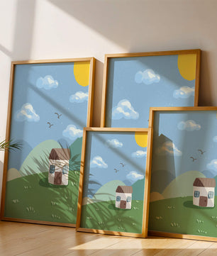 Illustration of a small house on a sunny hillside with clouds in a blue sky