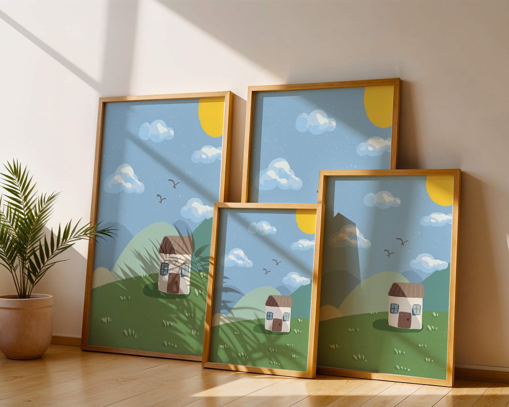 Illustration of a small house on a sunny hillside with clouds in a blue sky