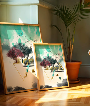 Abstract Geometric Landscape with Vibrant Trees and Birds - Mi tienda
