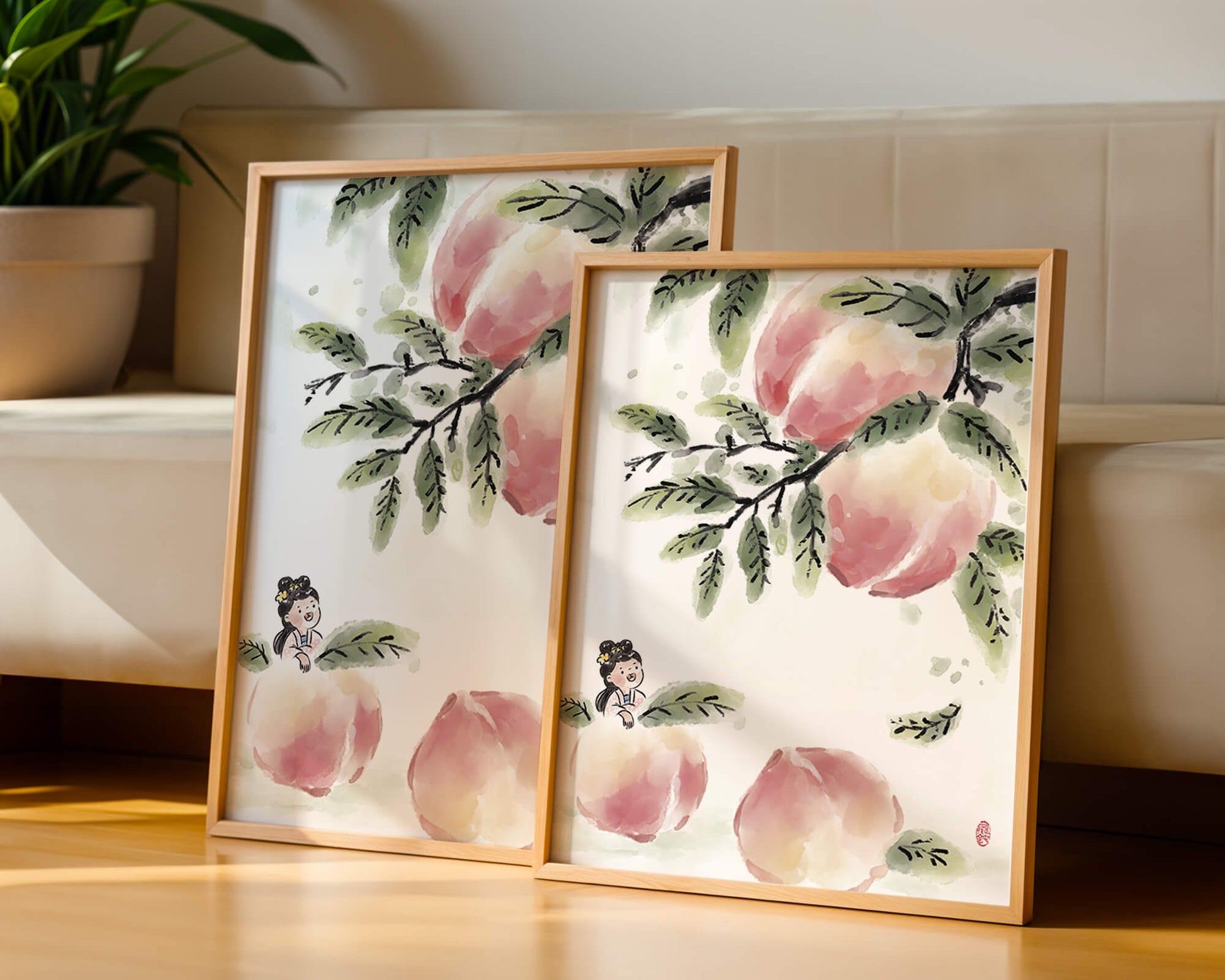 Encantadora ilustración de una chica entre flores de melocotón y hojas verdes