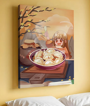 Comida de dumplings acogedora al aire libre en un entorno otoñal soleado con personaje alegre
