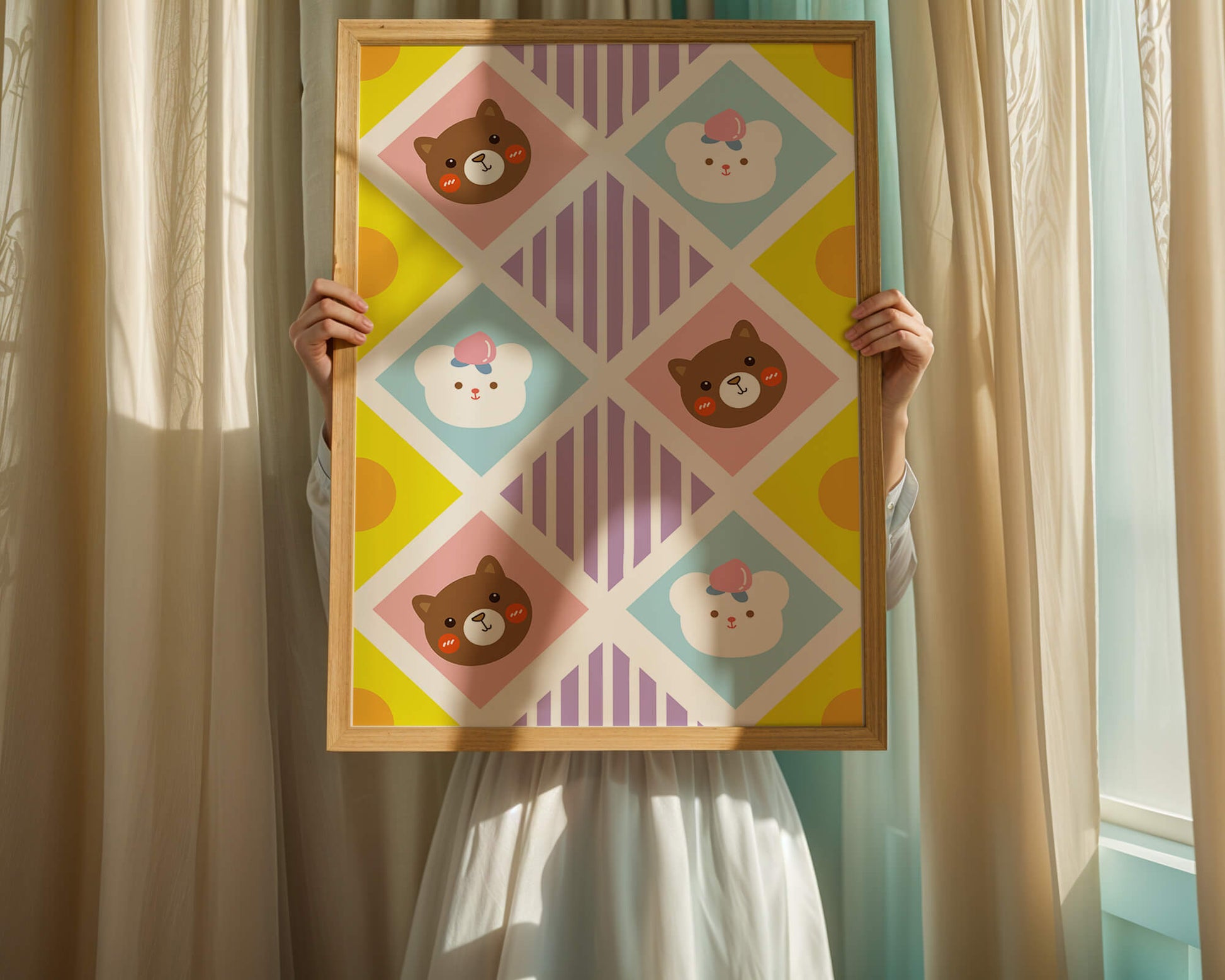 Playful geometric bear and colorful pattern for children's room decor