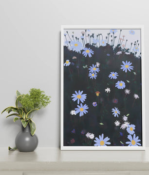 Field Of Blue And White Daisies On A Dark Background