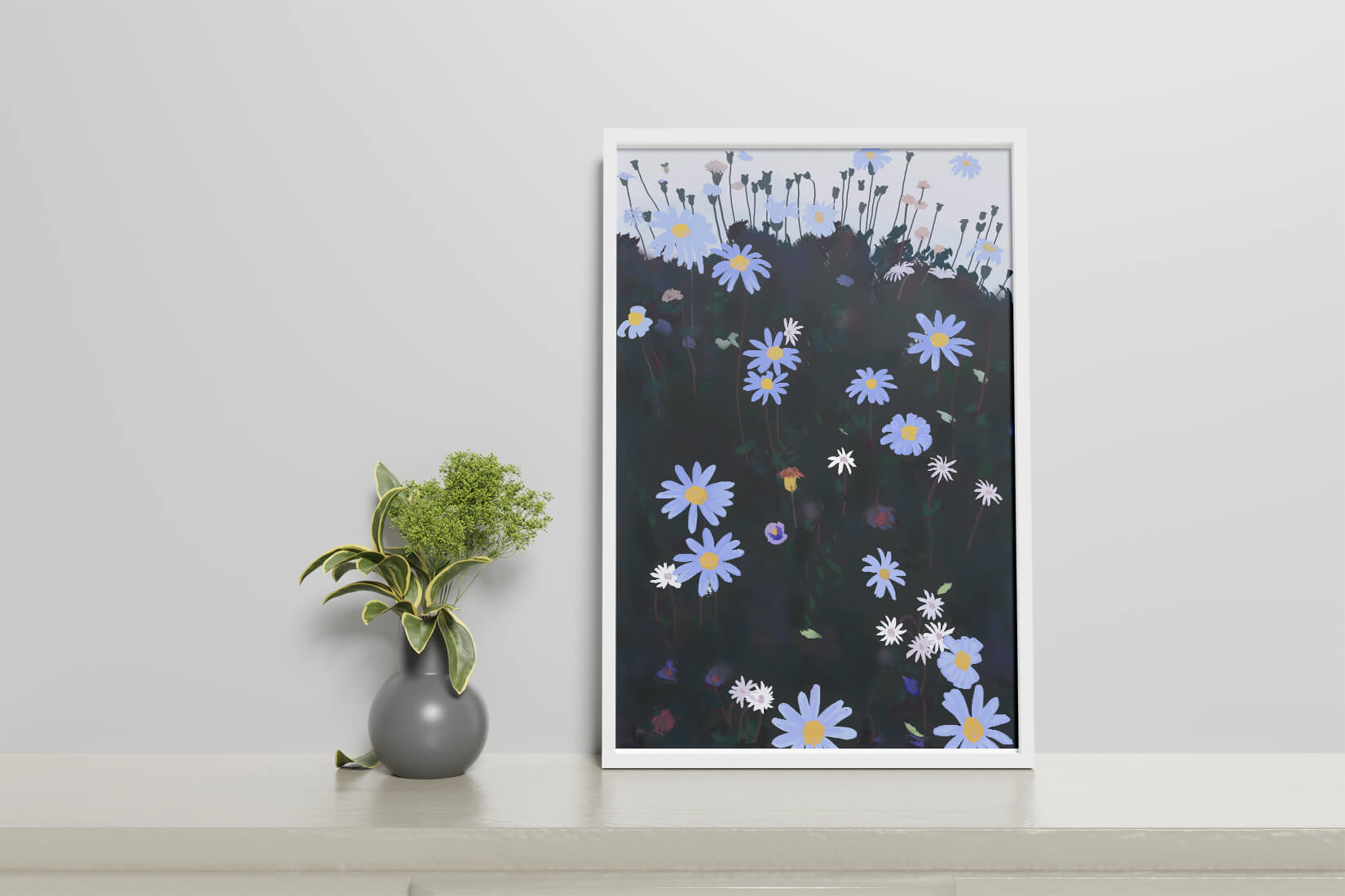 Field Of Blue And White Daisies On A Dark Background