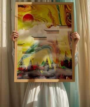 Abstract Landscape with Swirling Colors and Red Sun
