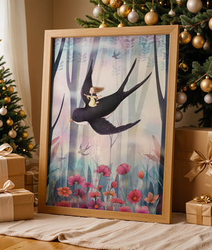 Zauberwald mit Mädchen, das auf einem Vogel zwischen leuchtenden Blumen reitet