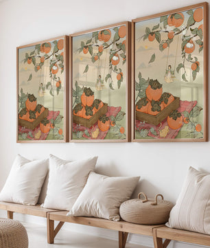 Paisaje caprichoso con naranjas y un niño columpiándose