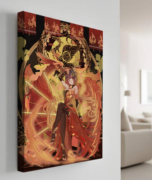 Art fantastique d'une fille avec un phénix majestueux aux couleurs flamboyantes