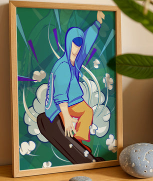 Ilustración abstracta colorida de una persona en movimiento con tonos azules y verdes