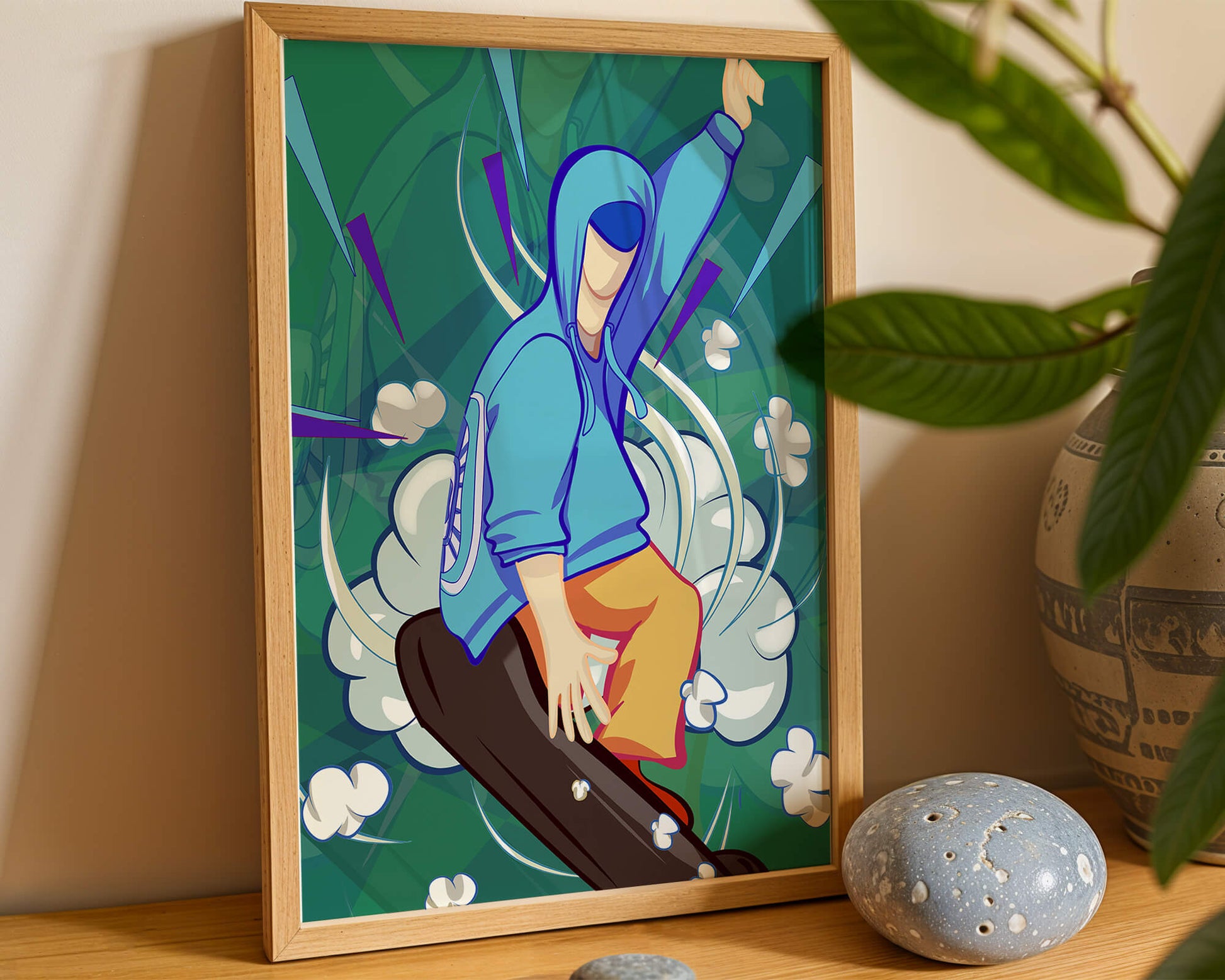 Ilustración abstracta colorida de una persona en movimiento con tonos azules y verdes