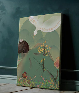 Dreamy nature-inspired illustration with bird and plant elements