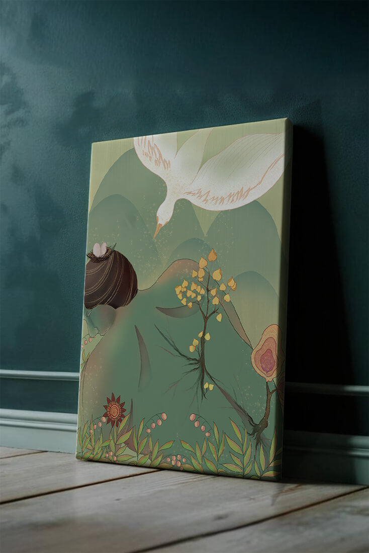 Dreamy nature-inspired illustration with bird and plant elements