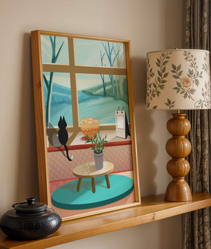 Cozy interior with a cat by the window and potted plants