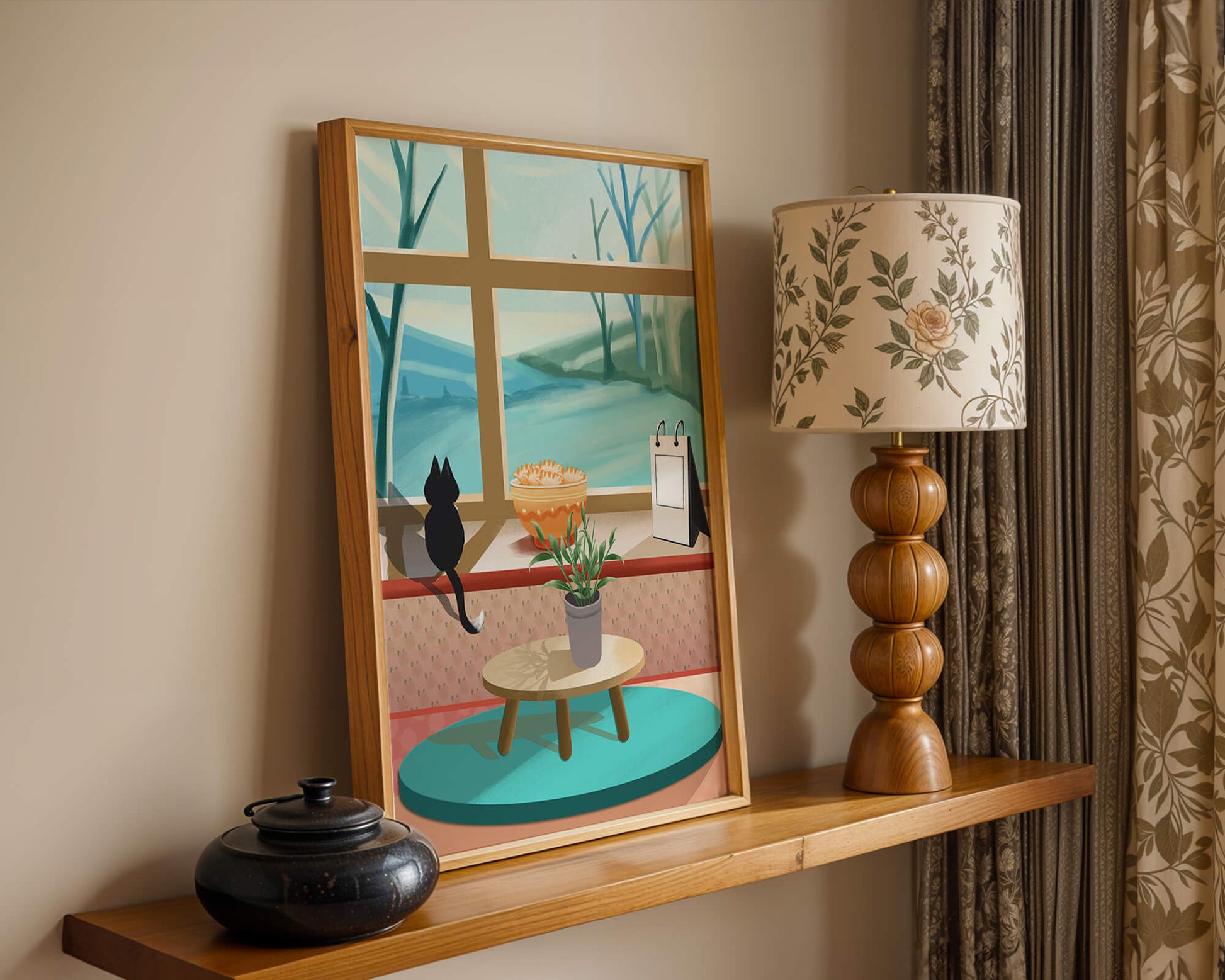 Cozy interior with a cat by the window and potted plants