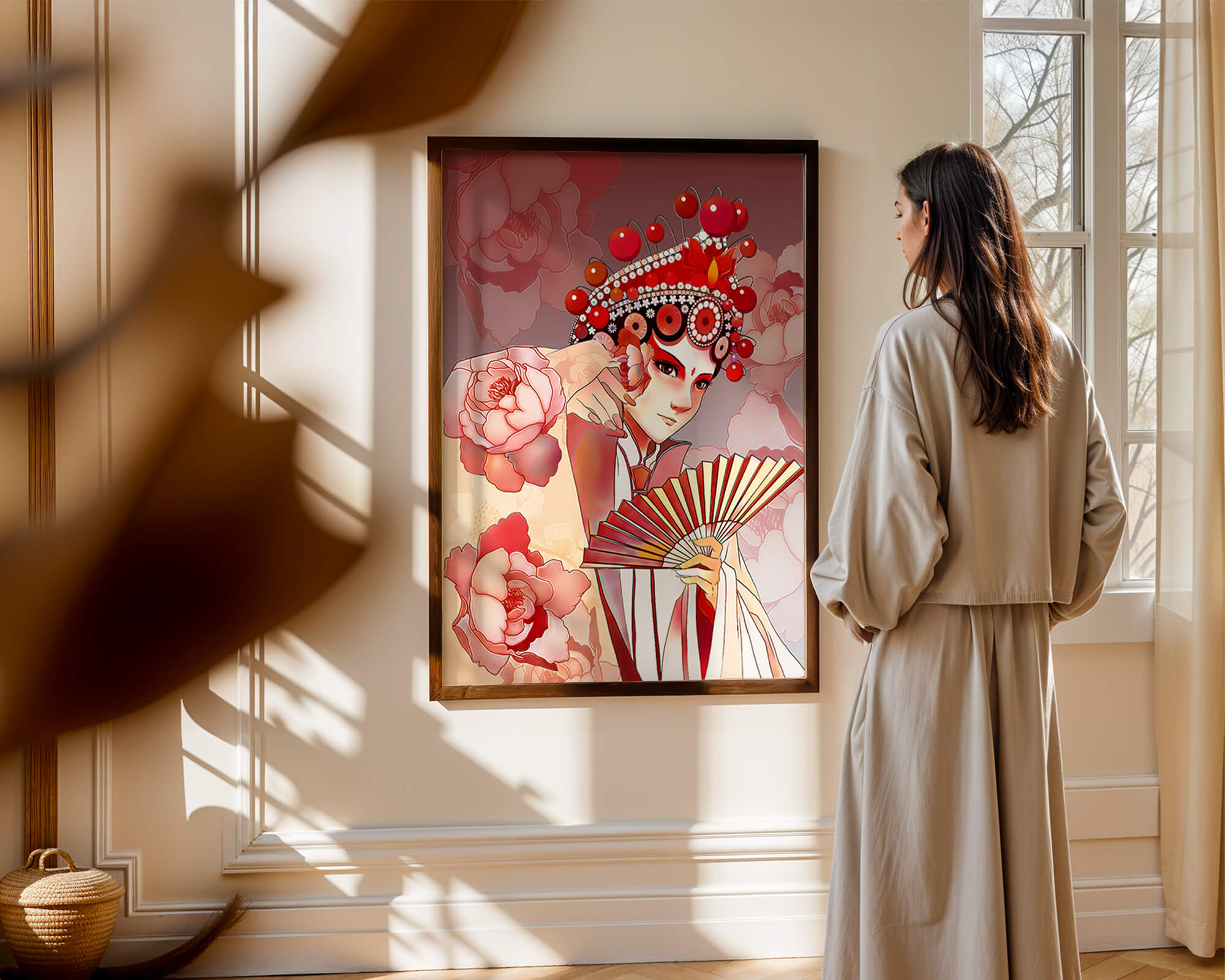 Traditional Asian artwork with floral motifs and ornate headpiece