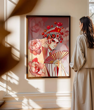 Traditional Asian artwork with floral motifs and ornate headpiece