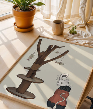 Illustration of a cat tree with a thoughtful cat in a sweater