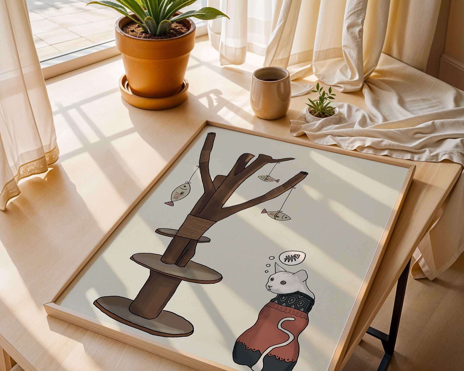 Illustration of a cat tree with a thoughtful cat in a sweater