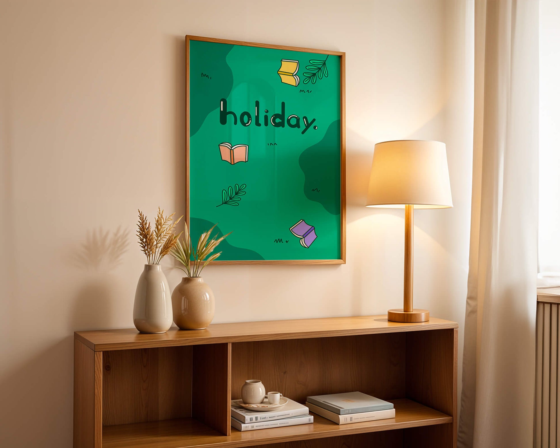 Colorful holiday-themed design with books and leaves