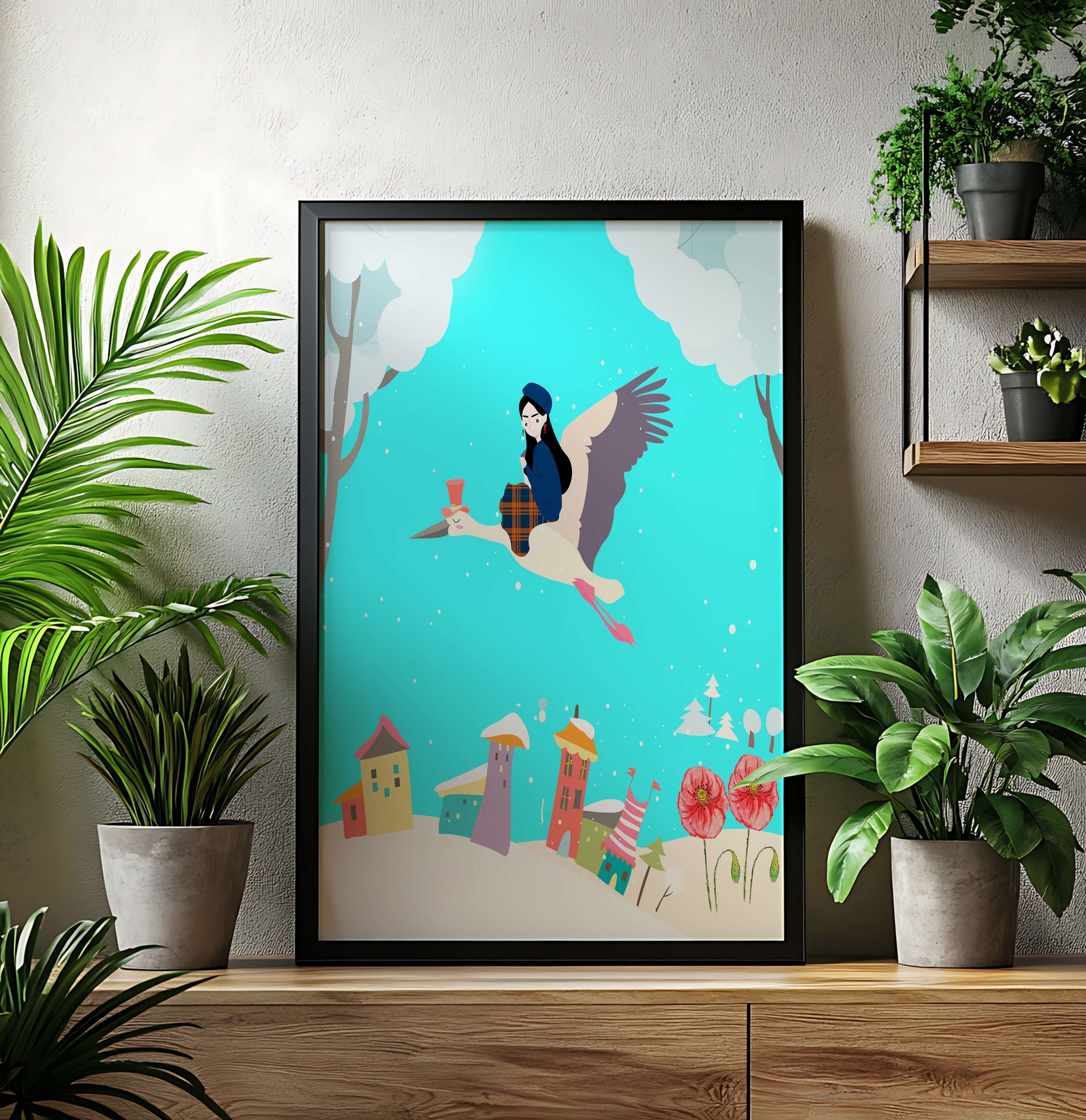 Wunderliche Winterlandschaft mit einem Mädchen auf einem Storch über einem bunten Dorf