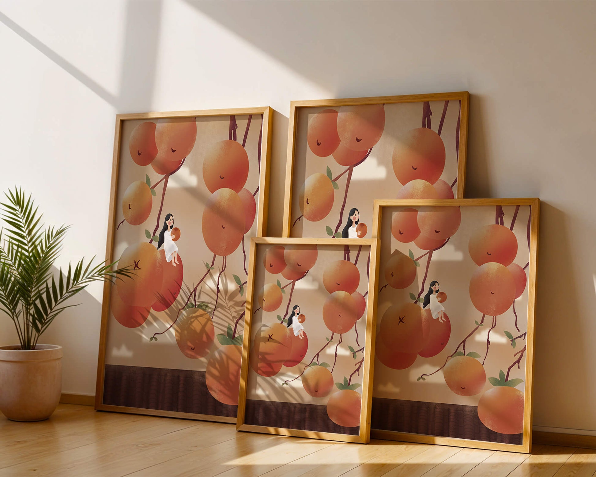Whimsical illustration of girl with giant oranges and branches
