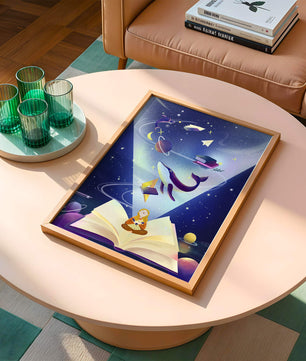 Imaginative galaxy scene with books and a child