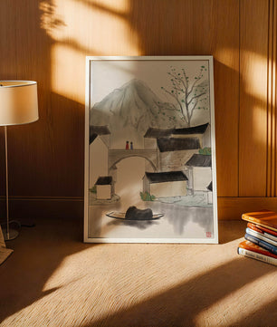 Serene mountain village ink painting with bridge and boat