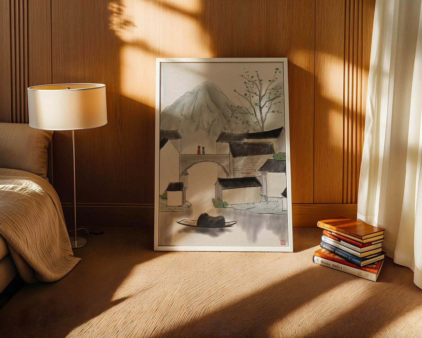 Serene mountain village ink painting with bridge and boat