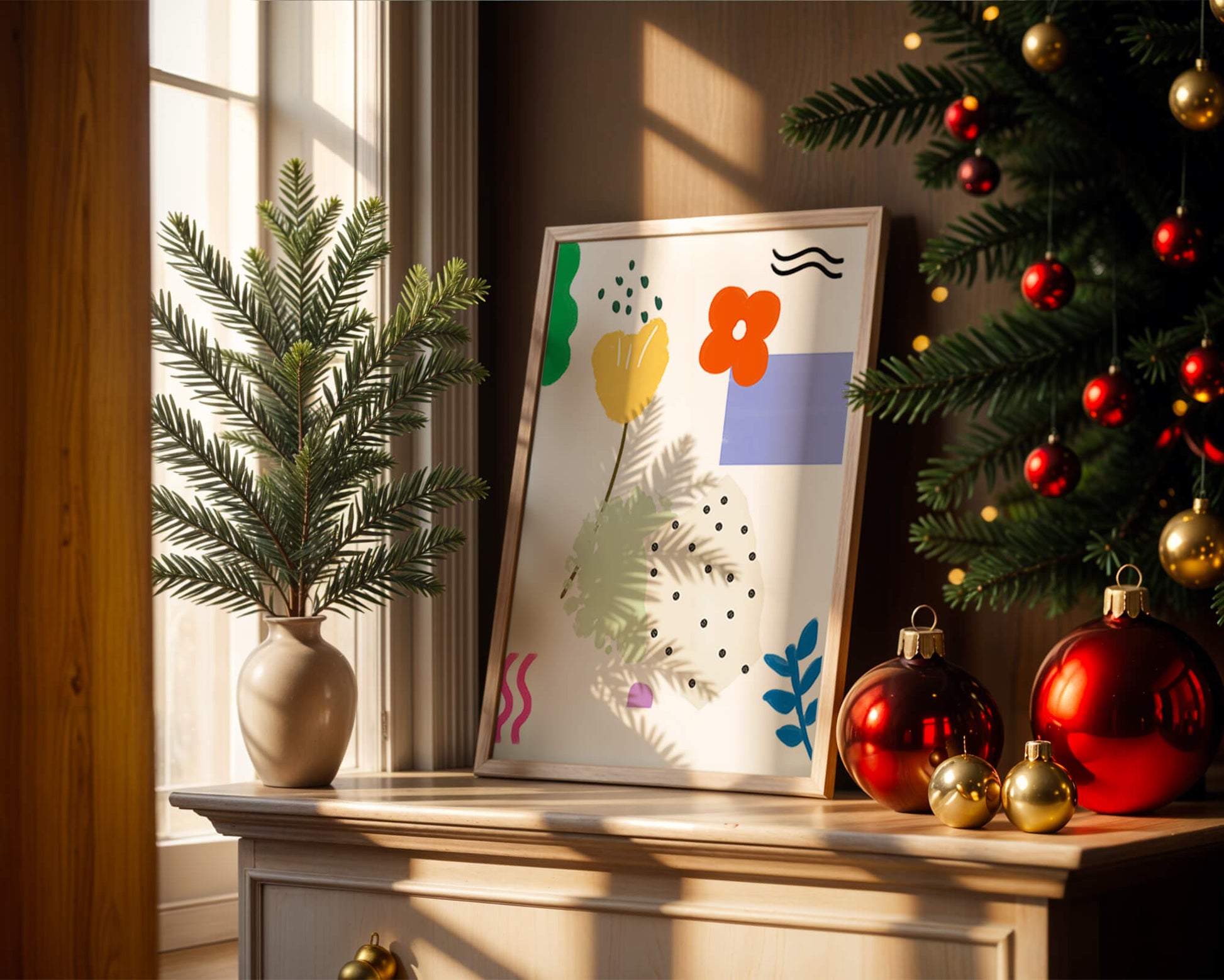 Abstract floral design with colorful geometric shapes