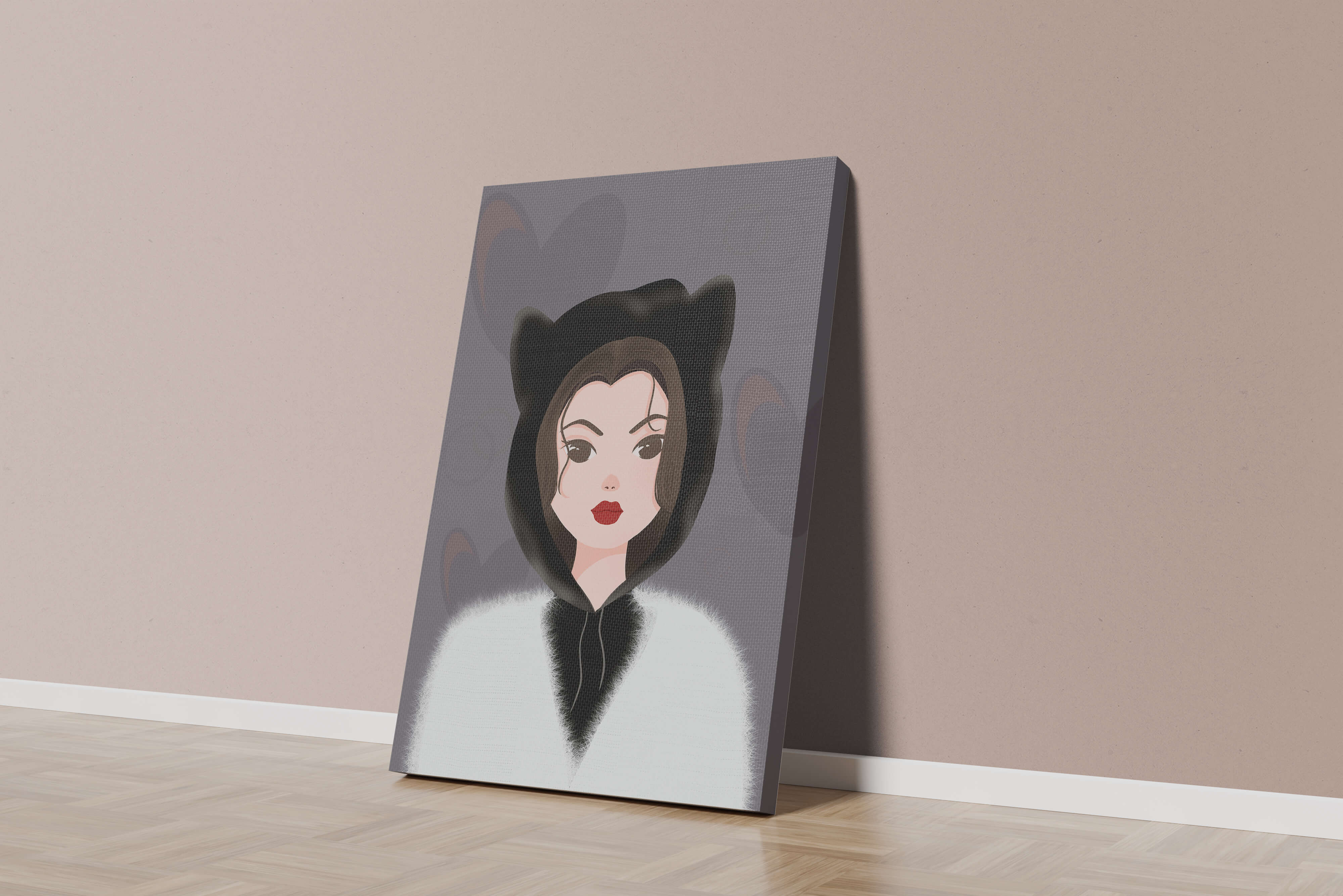 Illustration of a woman in a cat hoodie on a soft gray background