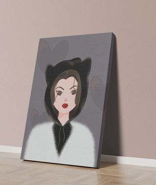Illustration of a woman in a cat hoodie on a soft gray background