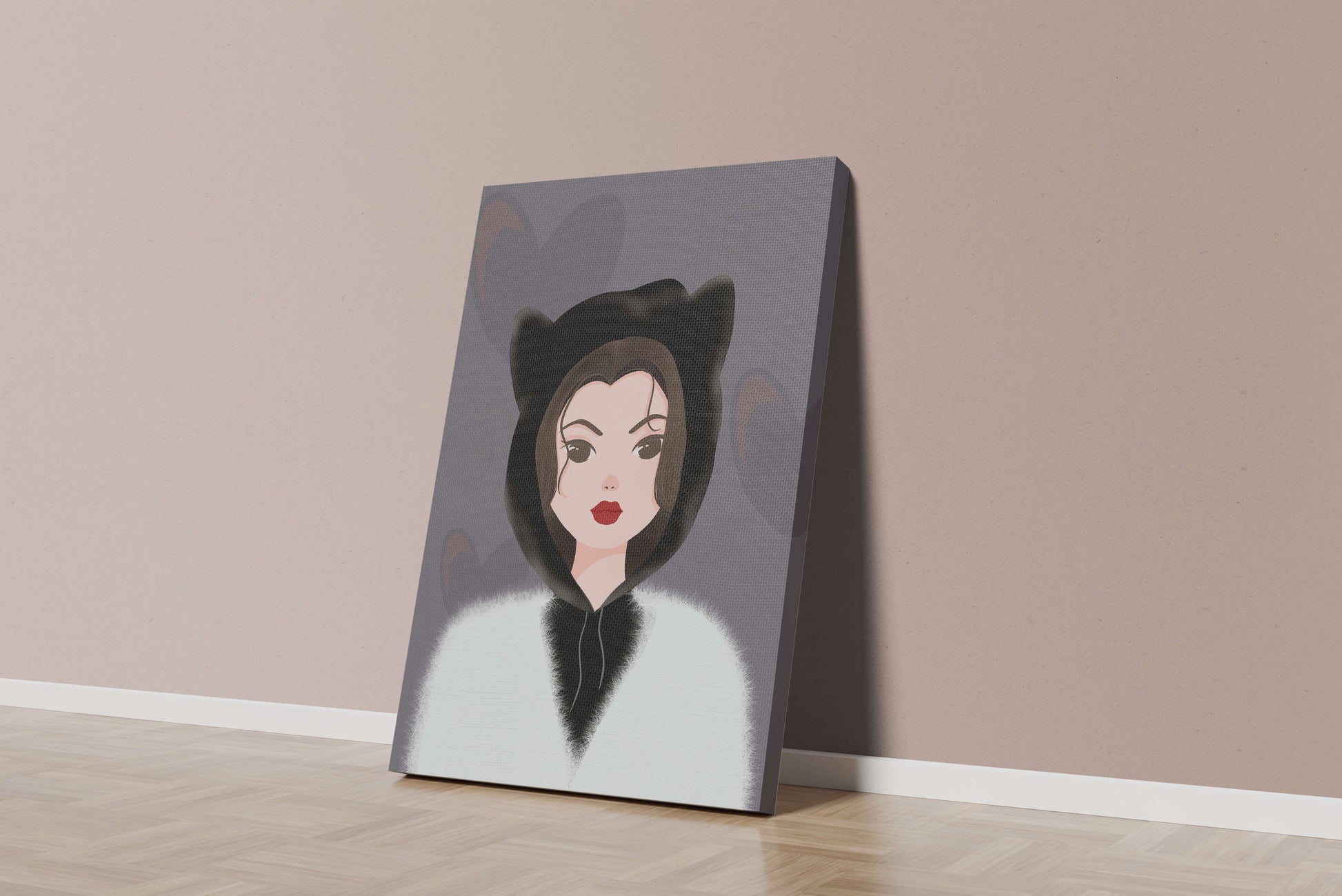 Illustration of a woman in a cat hoodie on a soft gray background