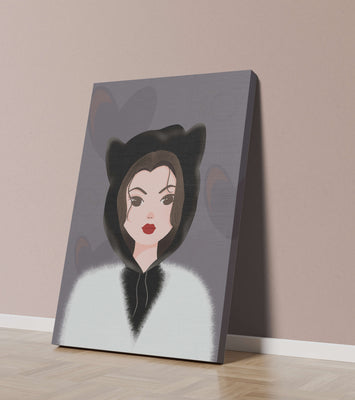 Illustration of a woman in a cat hoodie on a soft gray background