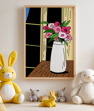Abstract illustration of flowers in a vase on a wooden table