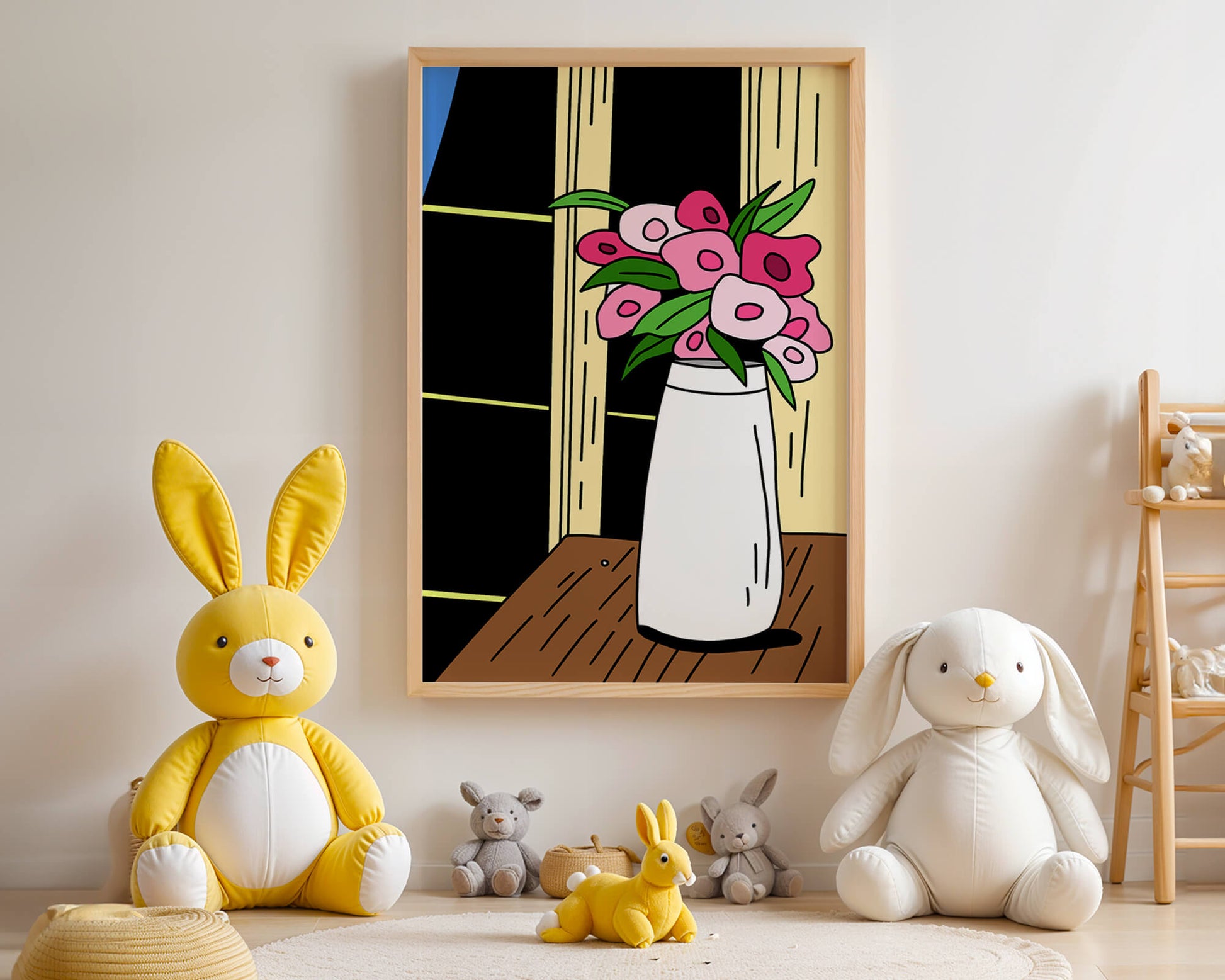 Abstract illustration of flowers in a vase on a wooden table