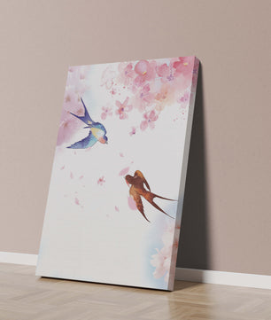 Pájaros coloridos y flores rosadas en una escena primaveral acuarelada