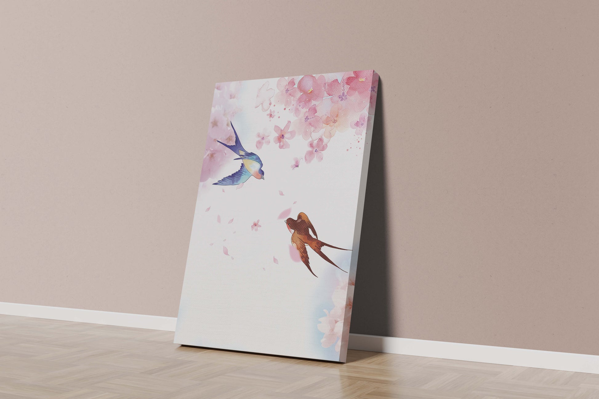 Pájaros coloridos y flores rosas en una escena primaveral de acuarela