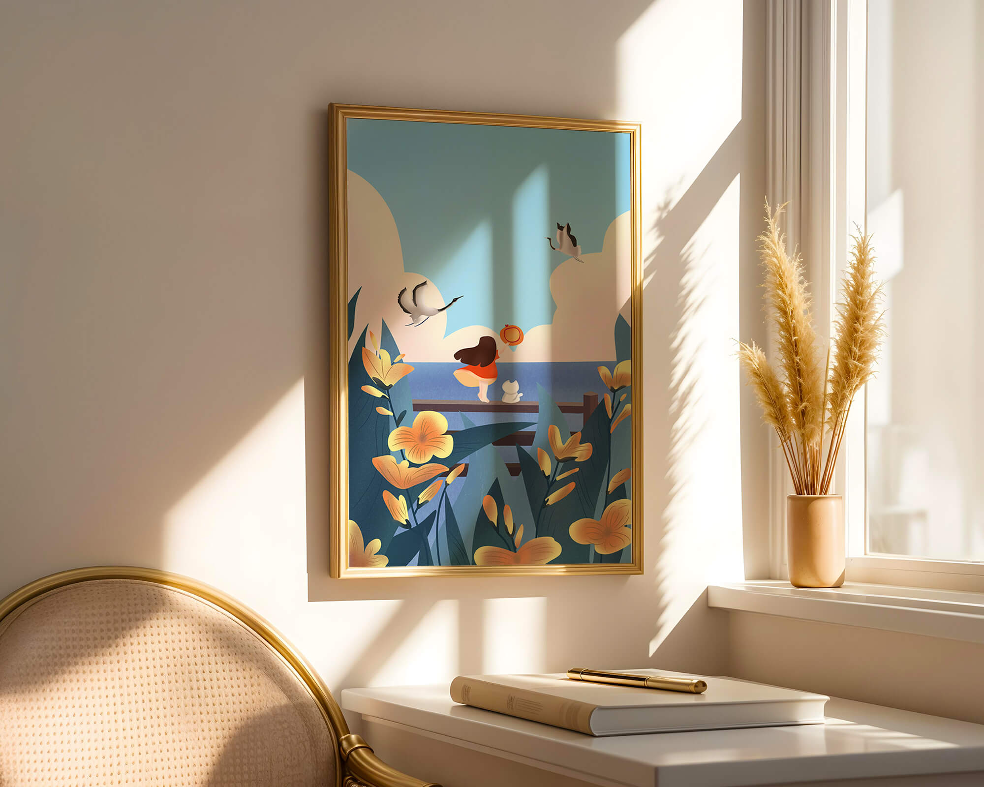 Serene seaside scene with girl, cat, and birds in nature