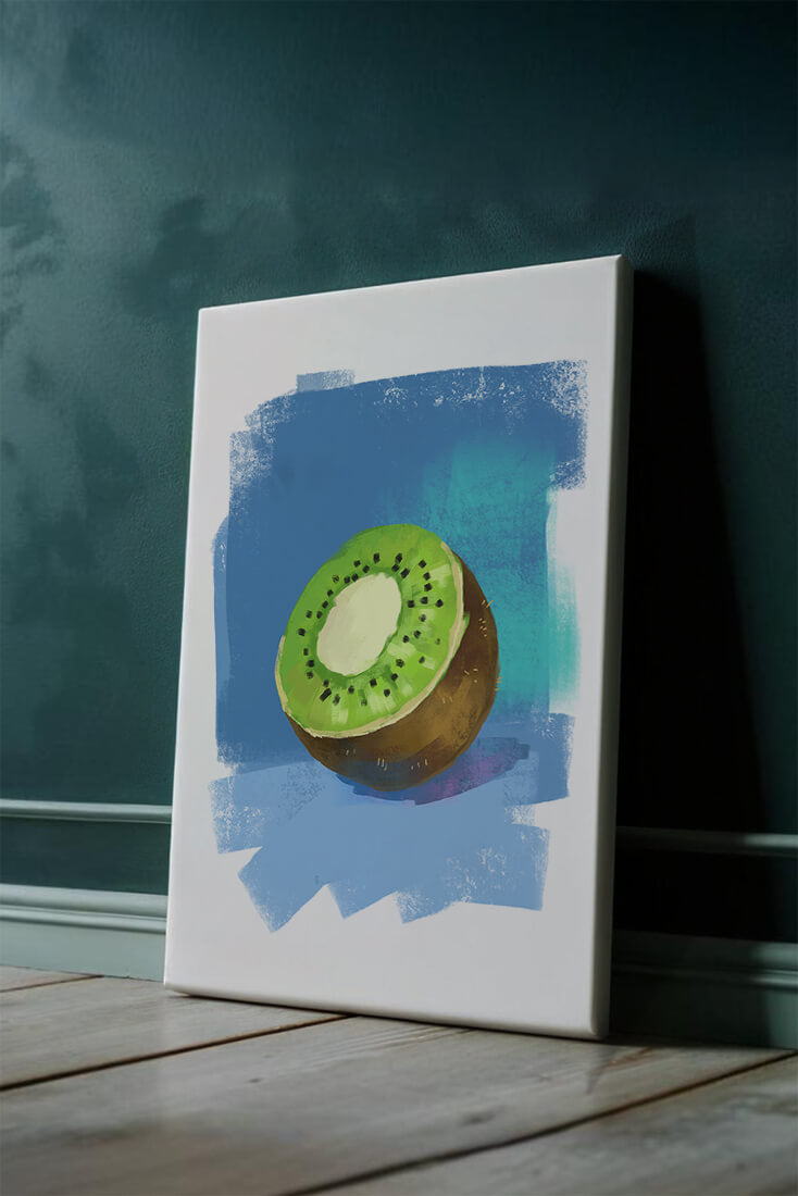 Illustration of a kiwi with a textured blue background