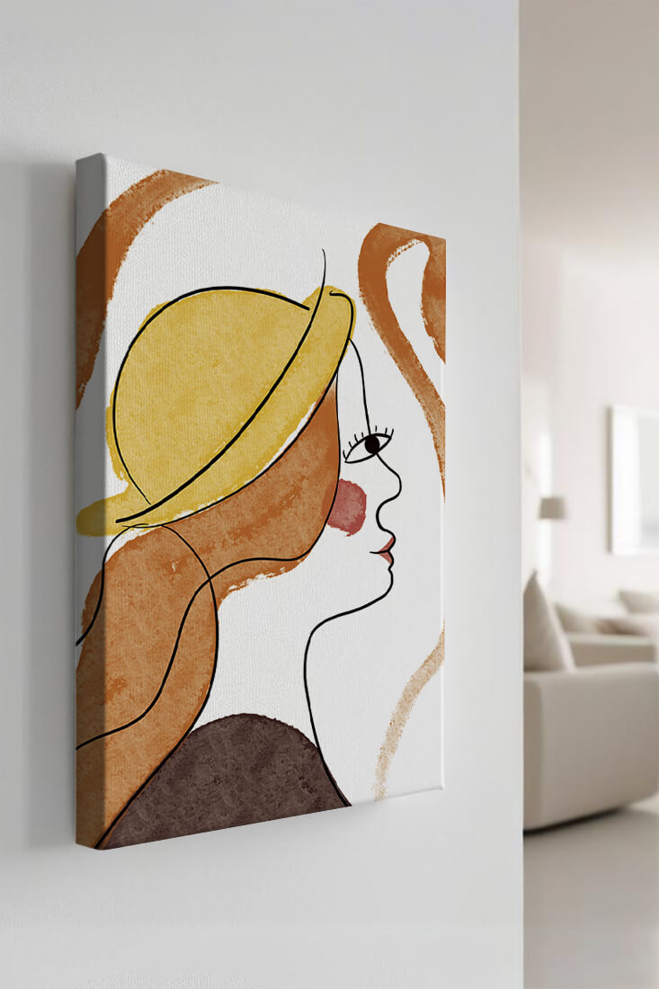 Retrato de línea moderna de una mujer con sombrero y colores vibrantes