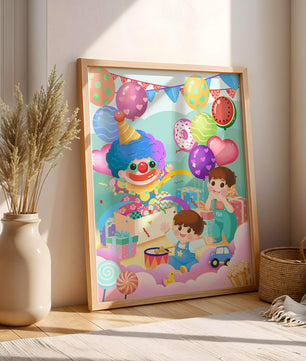 Colorful clown-themed children's party with balloons and toys