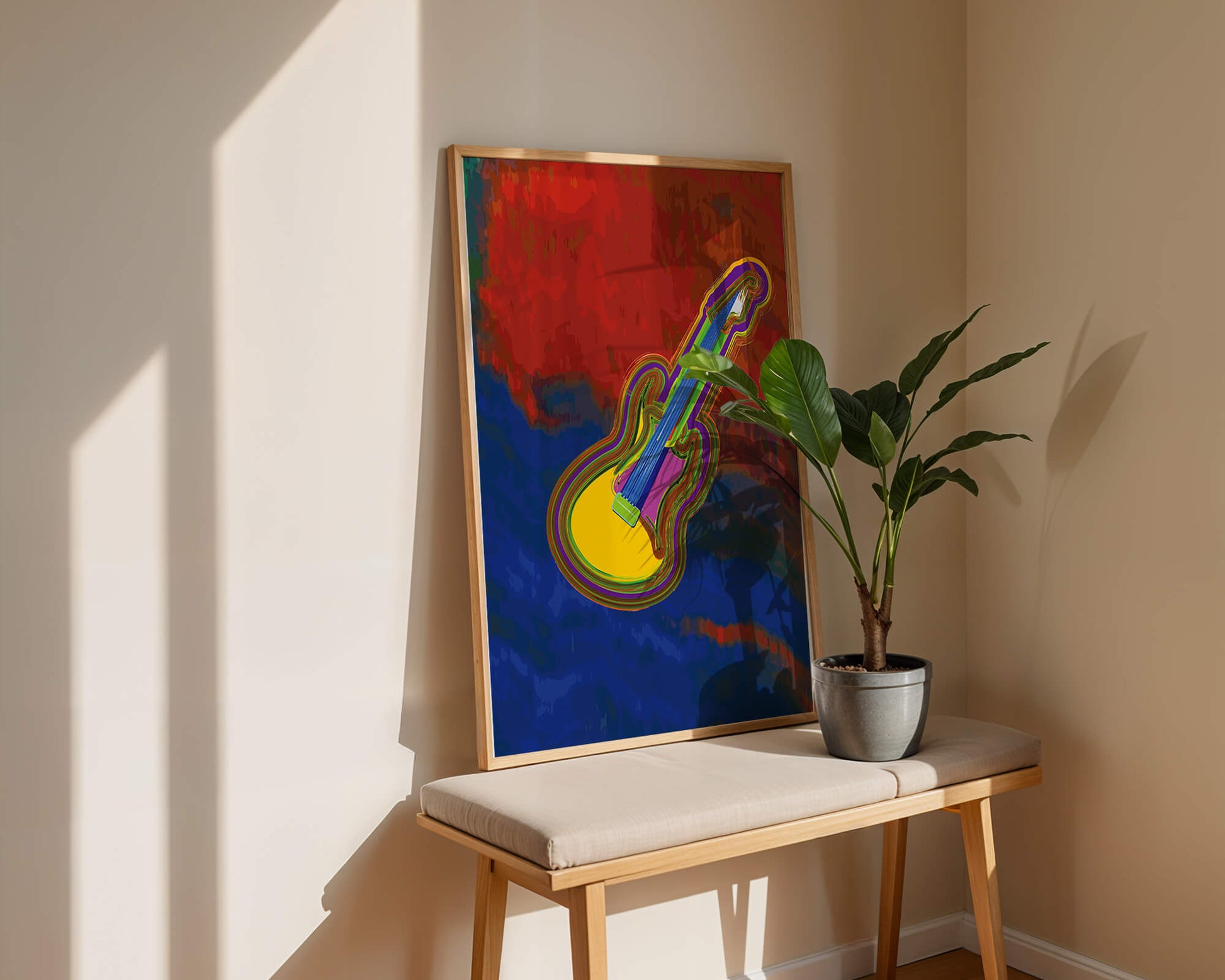 Vibrant abstract guitar illustration with bold colors