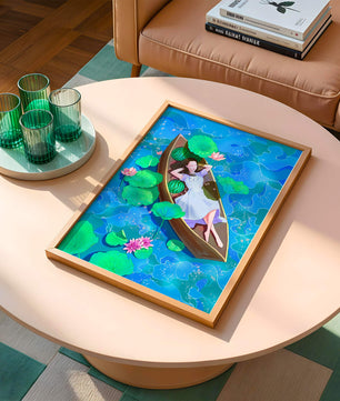 Serene illustration of a girl relaxing in a boat surrounded by lotus leaves and flowers