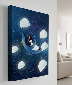 Dreamlike scene of a girl riding a whale among jellyfish in space