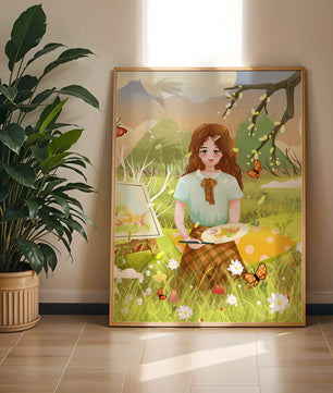 Ilustración de una chica pintando al aire libre rodeada de mariposas y flores