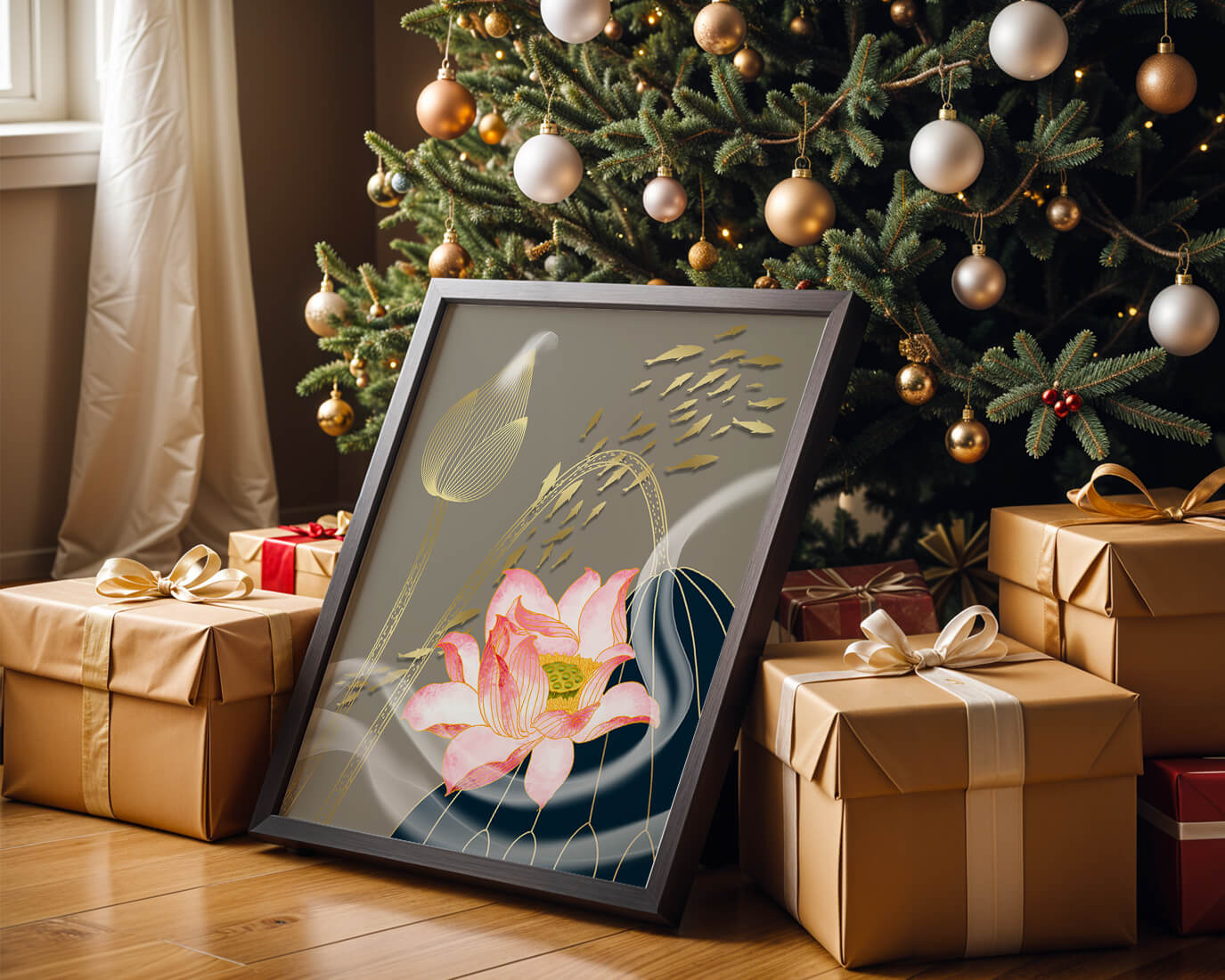 Elegant floral design with blooming lotus and golden fish accents